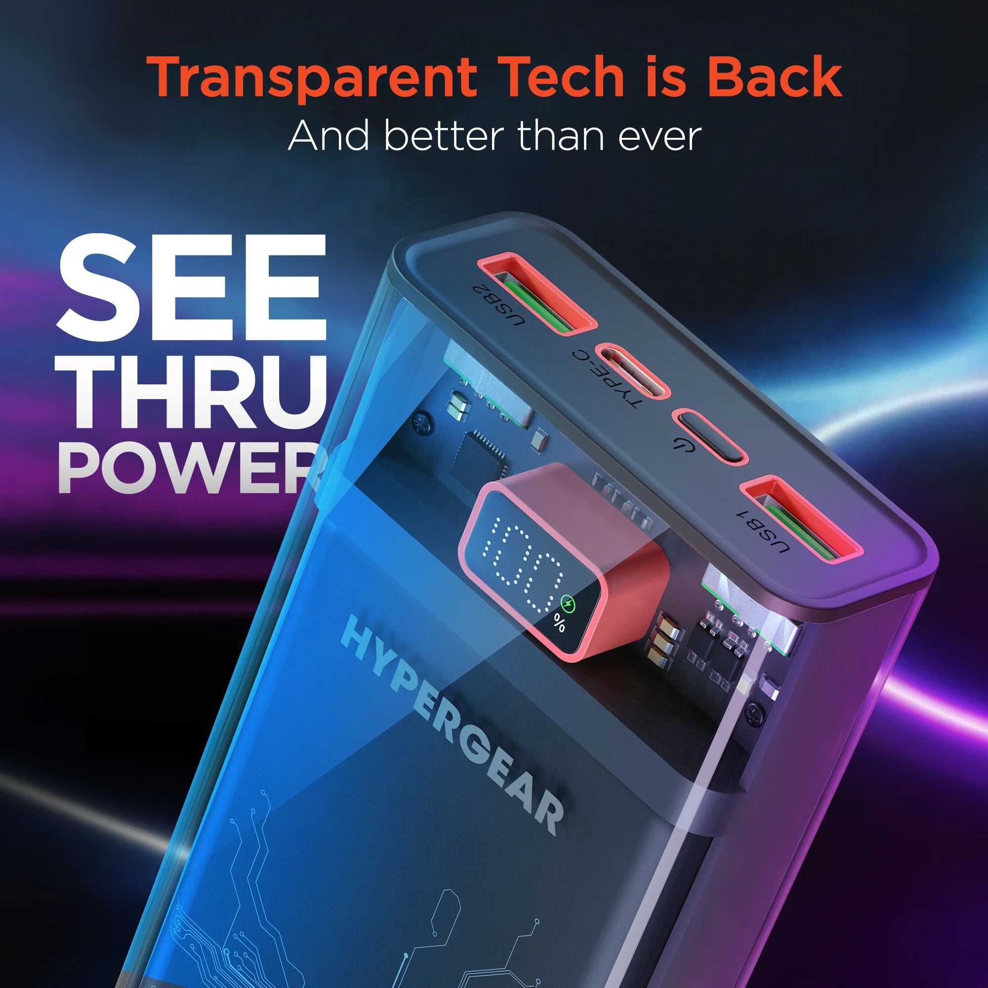 HyperGear ClearCharge Transparent - Powerbank - 20.000 mAh - 20W - Fast Charge - USB-C PD Powerbank - Reisartikelen-nl